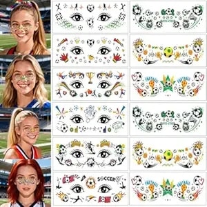 12sheets Soccer Face Temporary Tattoos Sport Theme Tattoos For Europa World Cup Football Party Decoration Tattoos Stickers For Girls Boys Makeup Decals