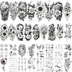 92 Pcs Black Flowers Temporary Tattoos Adult Women Girl Teens 3d Temp Realistic Sunflower Rose Cross Leopard Snake Fake Tattoos, Butterfly Peony Floral Leaf Serpent Tatoo Sticker Men Long Lasting