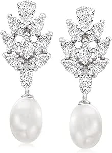 Ross-Simons 8-8.5mm Cultured Pearl And 3.30 Ct. T.W. Cz Drop Earrings In Sterling Silver