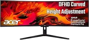 Acer 49 Inch 1800R Curved Zero-Frame DFHD (3840 X 1080) Gaming Monitor - AMD Freesync Premium Pro - Up To 144Hz Refresh - 4ms (G To G) - 1 X Display Port 1.4 And 2 X HDMI 2.0 Ports - EI491CR