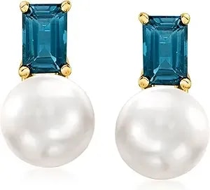 Ross-Simons 8-8.5mm Cultured Pearl And 1.20 Ct. T.W. London Blue Topaz Earrings In 18kt Gold Over Sterling