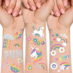 193pcs Unicorn & Truck Wheels 2 In 1 Kit Waterproof Temporary Tattoos Groovy Fake Tattoo For Kids Birthday Party Decoration, Star Smiley Rainbow Racing Car Flag Trophy Tattoo Stickers For Boys Girls