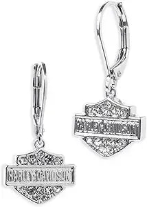 Harley-Davidson Women'S Crystal Bar & Shield Logo Drop Earrings, Silver