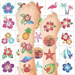 150 Pcs Glitter Hawaiian Temporary Tattoos, 6 Pre-Cut Sheets Of Hawaiian Party Decorations, Summer Accessories With Hibiscus Crab Designs, Palm Tree Decor For Women Men Flamingo Party Favors