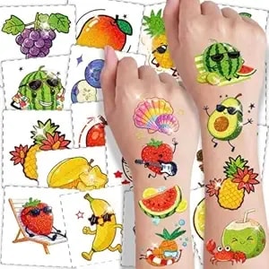 108 Pcs Glitter Fruit Temporary Tattoos For Kids – Waterproof Pre-Cut Summer Party Tattoos With Watermelon, Avocado & Strawberry - Pool Party Decorations, Hawaiian Luau Birthday Favors & Gifts