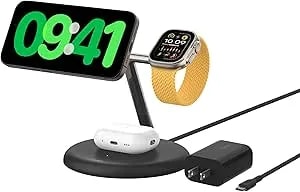 Belkin Magsafe-Compatible 3-In-1 Wireless Charger Stand 15w - qi2-Certified Wireless Charging Station, Fast Charging Of Iphone 16, Airpods, & Apple Watch - 36w Included - Black