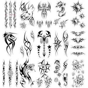 15 Sheets Tribal Temporary Tattoos For Adults Men, Gothic Black Dragon Cross Spider Wolf Scorpion Totem Fake Tattoo Stickers, Waterproof Long Lasting Body Art For Arm Neck Ankle Hand