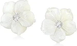 Ross-Simons Italian Mother-Of-Pearl And .40 Ct. T.W. Cz Flower Earrings In Sterling Silver