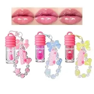 3 Colors Hydrating Lip Oil With Bracelet Keychain, Color Changing Lip Glow Oil Long-Lasting Moisture, Lip Gloss Flavoring Oil With Vitamin E Moisturized Shiny Lips For Girls