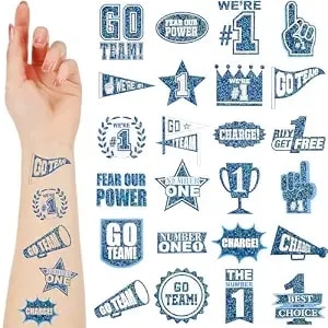 Landhoow 240 Pcs Blue Team Spirit Tattoos Temporary Glitter Go Team Tattoos School Field Day Camp Spirit Day Accessories Football Cheer Stickers For Pep Rally Supplies Color Accessories