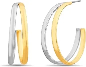 Nautica 30 Mm Split Hoop Earrings For Women Rhodium & 14k Yellow Gold Plated Alloy