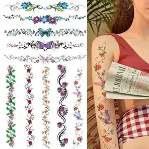 Cargen Sexy Flower Temporary Tattoos - 10 Sheets Realistic Sexy Flowers Vine Butterfly Long Back Sleeves Tattoos For Women Girls Makeup Fake Tattoo Great For Waist Belly Back Spine Arm Leg Collarbone
