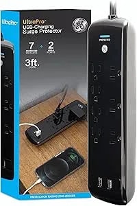 Ge Pro 7-Outlet Surge Protector, 2 Usb Ports, 3 Ft Extension Cord, 1780 Joules, 2.1 Amp/10 Watt, 3 Adapter Spaced Outlets, Flat Plug, Wall Mount, Warranty, Etl Listed, Black, 37054