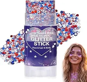 4th Of July Glitter Stick, New Red, White & Blue Body & Hair Sparkle Face Body Glitter For Independence Day Party, Festival & Fun Holiday Look (09)