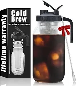 Cold Brew Mason Coffee Maker - 64oz Iced Coffee Pitcher With Stainless Steel Mixing Spoon & Super Dense Filter 3 Steps Finish Cold Brew Coffee, Classic Bpa Free Sturdy Mason Jar Pitcher Easy To Clean
