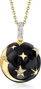 Ross-Simons Black Enamel And .10 Ct. T.W. White Topaz Moon And Stars Ball Pendant Necklace In 18kt Gold Over Sterling. 18 Inches
