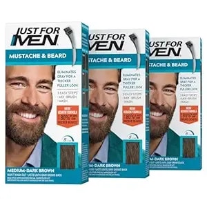 Just For Men Mustache & Beard, Beard Coloring For Gray Hair With Brush, With Keratin Biotin Aloe And Coconut Oil For Healthy Facial Hair - Medium-Dark Brown, M-40, Pack Of 3