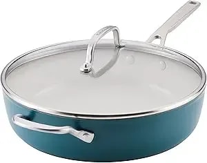 Kitchenaid Hard Anodized Ceramic Induction Nonstick Cookware Saute Pan/Jumbo Cooker With Lid And Helper Handle, Dishwasher Safe, 5 Quart Non Stick Sauteuse With Stainless Steel Handles - Agave Blue