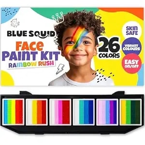 Blue Squid Face Painting Kit For Kids – 60g/2.12oz Split Cake Face Paint Palette, One Stroke Rainbow Colors, With Brushes & Stencils - Non-Toxic, Water Activated - Kids Party & Halloween Makeup Kit
