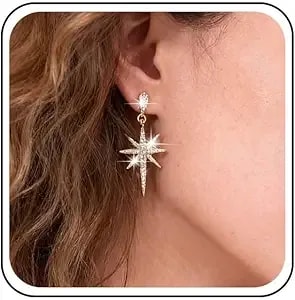 Vintage Crystal Northstar Dangle Earrings Rhinestone Northstar Studs Earrings Gold Cz Star Drop Earrings Sparkly Cz Starburst Earrings Jewelry For Women