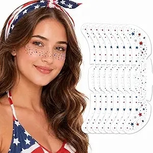 Artlunar 8 Pcs Red White Blue Star Freckle Stickers With Silver Glitter Powder For Face, 4th Of July Glitter Face Stickers For Women Kids, Patriotic Independence Day Makeup Accessories
