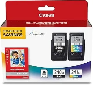 Canon Pg-240 Xl / Cl-241 Xl Genuine Ink Value Pack (2 Cartridges) With 50-Sheet Photo Paper, Compatible With mg2120/3120/4120/2220/3220/4220/3520/3620, mx372/392/432/452/472/512/522/532, ts5120