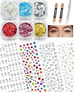 Face Glitter Gems Rave Accessories: 6 Face Body Glitter Gel & 4 Self Adhesive Gem Stickers 1440pcs, Sparkly Rhinestone Stickers Hair Jewels Kit Girls Women Party Makeup Accessories (Water Droplets)