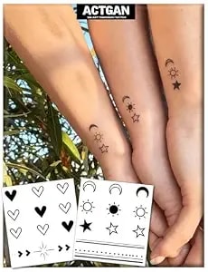 Semi Permanent Tattoos, 2 Sheets Realistic Mini Sun Moon Star & Tiny Heart Temporary Fake Tattoo For Women, Lasts 1-2 Weeks, Waterproof Non-Reflective Ink Art Stickers For Summer Beach Party