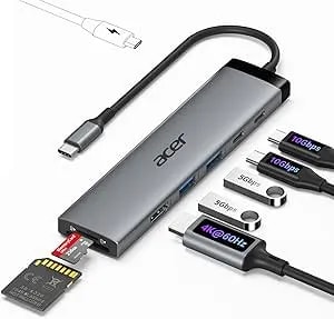 Acer 8 In 1 USB C Hub 10Gbps, USBC To HDMI Adapter 4K@60Hz, 2×USB-C 3.2, 2×USB A 3.0 Data Transfer, 100W PD Port Type C Multiport Splitter With SD/TF Card Reader, For Macbook Neo, Laptop, PC, Desktop
