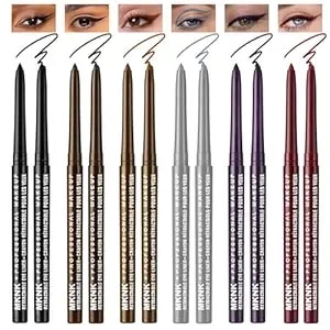 Noerrors 12pcs Retractable Gel Eyeliner Set, Black Brown Silver Grey Plum Purple Burgundy Waterproof Eye Liner Pencil For Older Women, No Smudge Long Lasting Pigmented Matte&Metallic Creamy Eyeshadow