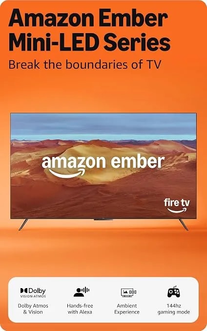 Amazon Ember 55" Mini-Led Series With Fire Tv (Newest Model), Qled 4k Uhd Smart Tv, Dolby Vision Iq, 144hz Gaming Mode, Ambient Experience, Find Shows Faster With Alexa+