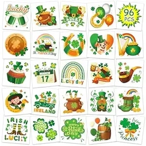Konsait St Patricks Day Temporary Tattoos, 96pcs Perforated Green Irish Lucky Gold Shamrock Tattoos, Saint Patricks Day Accessories & Party Decorations, 48 Designs