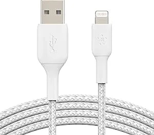 Belkin Boostcharge Braided Lightning Cable - 6.6ft/2M - Mfi Certified Apple Iphone Charger USB To Lightning Cable 6ft - Iphone Cable - Iphone Charger Cable - Apple Charger - USB Phone Charger - White
