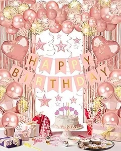 Happy Birthday Party Decorations With Banner Balloons For Women - Happy Birthday Banner, Birthday Decor For Girls Women, Curtain Backdrop, Foil Heart Star Confetti Balloons, Hanging Swirls