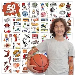 Emome 50 Sheets Kids Tattoos For Boys, 300 Mixed Styles Transportation Sports Tattoos For Kids, Temporary Tattoo Stickers For Party Favors Decorations Supplies, Halloween Goodie Bag Stuffers