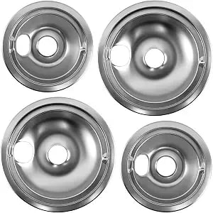 wb31t10010 wb31t10011 Chrome Drip Pans Set (4 Pack) 2x6" & 2x8" - Replacement For Ge, Hotpoint, Kenmore Electric Stoves With Locking Slot - Chrome Plated Steel Burner Bowls
