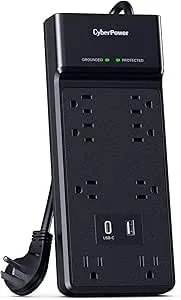 Cyberpower CSP806UC18 Surge Protector, 2400J, 8 Outlets, 1 USB-A, 1 USB-C, 6 Foot Power Cord, Black, ETL