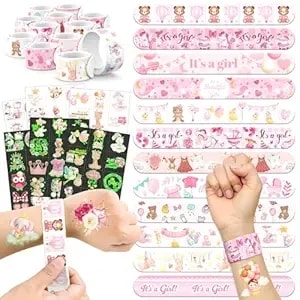 96 Pcs It’S A Girl Baby Shower Favors Set – 72 Pre-Cut Temporary Tattoos & 24 Slap Bracelets, Perfect For Gender Reveal Parties & Newborn Celebrations