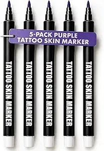 Element Tattoo Pen Marker For Skin - Body & Face Surgical Stencil Temporary Markers, Body Safe & Washable Skin Scribes For Tattooing, Piercing, Sketching & Freehand Drawing, Purple Bold Tip, 5 Pack