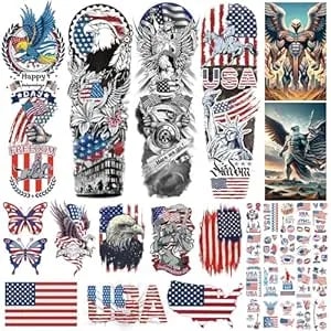 Aresvns Independence Day Temporary Tattoo, Usa Flag Sleeve Tattoo, Red White And Blue Party Supplies, 4th Of July, Memorial Day, Labor Day Decorations Tattoos Patriotic Tattoos