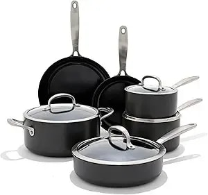 Oxo Enhanced 10 Piece Cookware Pots & Pans Set, Pfas-Free Ceramic Nonstick, Durable Hard Anodized Cookware, Scratch Resistant, Stainless Steel Handle, Good Grips, Dishwasher & Oven Safe, Black