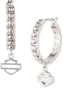 Harley-Davidson Women'S Bar & Shield Drop Chain Hoop Earrings, Silver Brass