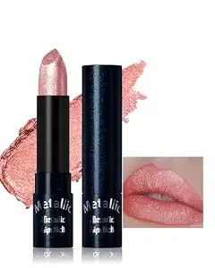 Glitter Peach Pink Metallic Lipstick For Women,Long Lasting Shimmer Sparkling Diamond Lipstick Glitter High Pigmented Lip Gloss Metallic Matte Red Lip Color Stain Waterproof,Non Stick Lips Makeup-02