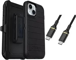 Otterbox Iphone 15 (Only) Bundle: - Defender Series Case - Black - Holster Clip Included - Microbial Defense Protection - Usb-C To Usb-C Cable - Non-Retail Packaging