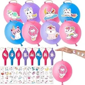 72 Pcs Caticorn Rainbow Party Favors – 48 Pre-Cut Temporary Tattoos & 24 Cat Unicorn Punch Balloons Birthday Party Decorations Supplies Favors Gift Goodie Bag Fillers Classroom Rewards Boys Girls