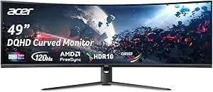 Acer Nitro 49” Gaming Monitor - Ultrawide Dqhd 5120 X 1440 - 1000r 32:9 Curved - Amd Freesync - Up To 120hz Refresh Rate - 3ms (G To G) - 1 X Display Port 1.4 & 2 X Hdmi 2.0 Ports - ei491cur j0biiphx