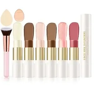 6 Pcs Cream Contour Stick Makeup Kit, Shades With Highlighter, Bronzer And Blush Sticks For Sculpt The Face All Skin Type, With Brush, Makeup Sponge, Buildable For Beginner Professional Set B