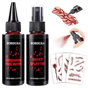 Bobisuka Halloween Fake Blood Kit, 1.76oz Blood Spray + 1.76oz Dripping Blood + 4 Scar/Wound Face Tattoos, Realistic Washable Fake Blood Makeup For Clothes Zombie Vampire Monster Sfx Costume Cosplay