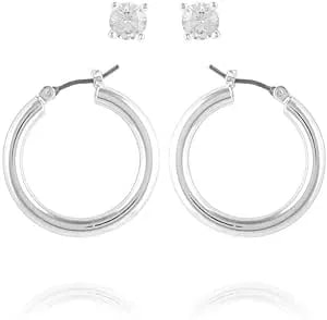 Guess Silvertone Cz Stud And Hoop Earring Duo