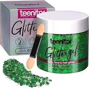 Teenitor Green Body Glitter, Face Glitters, Green Glitter, Body Glitter Gel, Hair Glitter Gel, 80g/2.8oz Holographic Glitter For Face Body Hair, Glitter Makeup For Kids